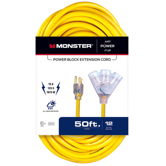 Monster Just Power It Up Outdoor 50 ft. L Yellow Extension Cord 12/3 SJTW