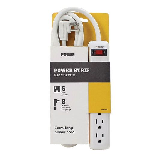 Prime 8 ft. L 6 outlets Power Strip White