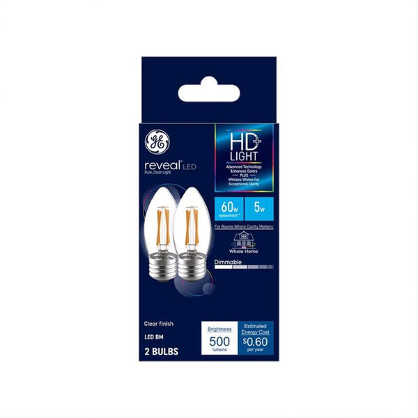 Bombilla LED GE Lighting Reveal Blunt Tip E26 (mediana), luz pura y limpia, equivalente a 60 vatios, paquete de 2
