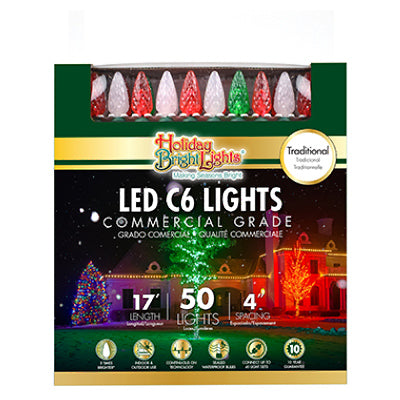 Juego de luces LED navideñas, C6, de calidad comercial, color rojo, verde y blanco escarchado, 50 unidades.