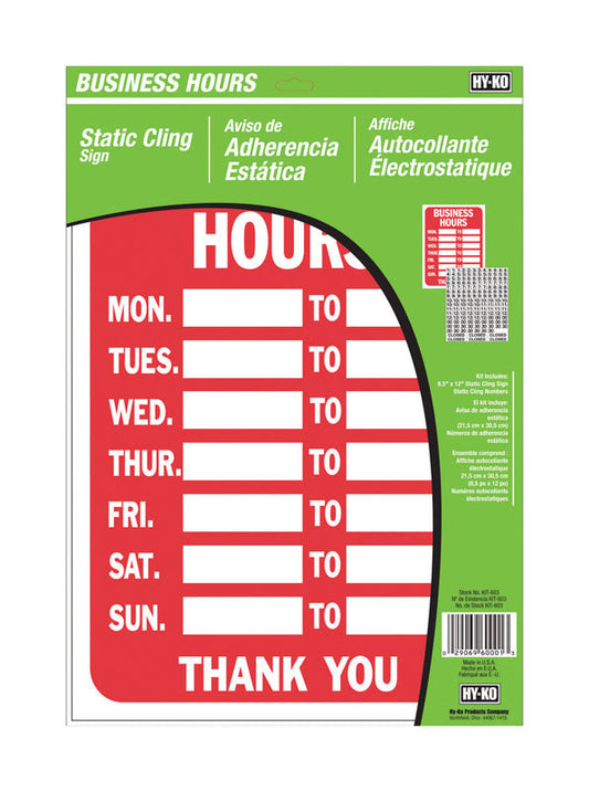 Hy-Ko English Business Hours Static Cling Sign Plastic 12 in. H x 10 in. W (Pack of 3)
