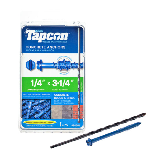 Tapcon 1/4 in. Dia. x 3-1/4 in. L Steel Hex Head Concrete Screw Anchor 75 pk