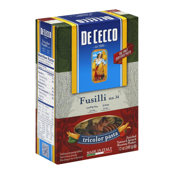 De Cecco Pasta De Cecco, Pasta Tricolor, Fusilli No. 34 - Caja de 12 - 12 OZ (Paquete de 12)