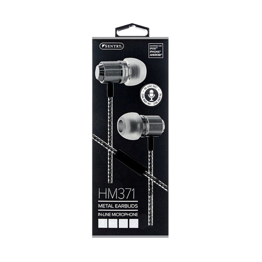 Sentry Gray Metal In-Line Mic 8 mm Driver 3.5 mm Plug Stereo Earbuds 4 ft. Cord