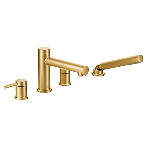 Brushed gold two-handle diverter roman tub faucet includes hand shower