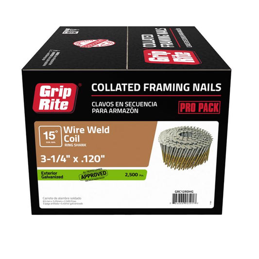 Grip-Rite 3-1/4 in. Wire Coil Framing Nails 15 deg. Ring Shank 2500 pk
