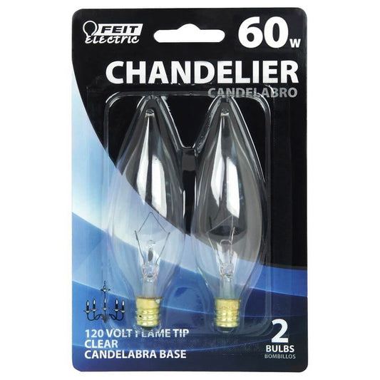 Feit Electric 60 W Flame Tip Chandelier Incandescent Bulb E12 (Candelabra) Soft White 2 pk