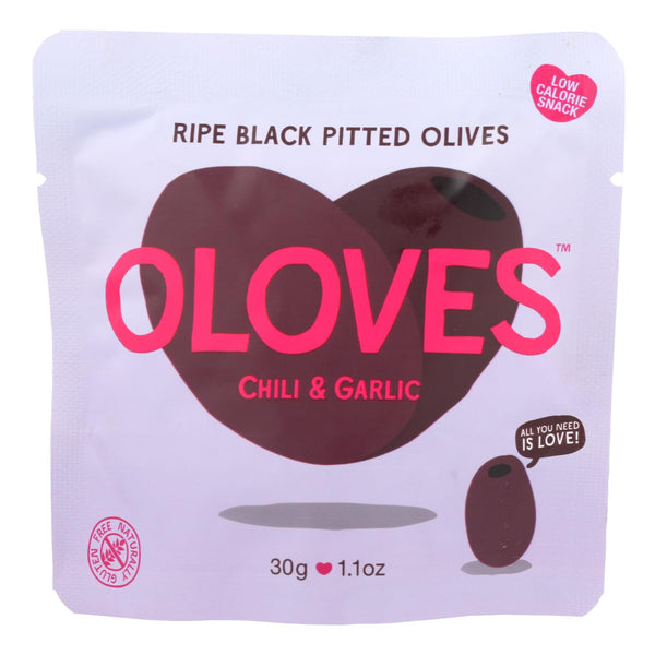 Aceitunas negras deshuesadas Oloves - Chile y ajo - Caja de 10 - 1.1 oz. (Paquete de 10)