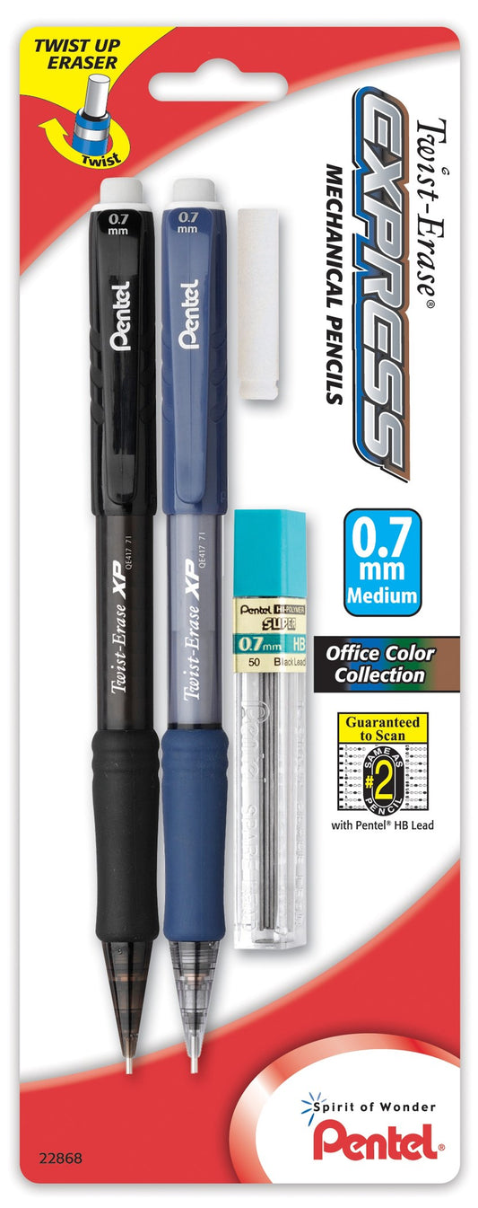 Pentel QE417FLEBP2 0.7mm Automatic Lead Pencil With Twist Up Eraser (Pack of 6)