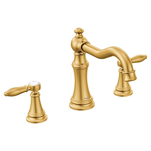 Brushed gold two-handle high arc roman tub faucet