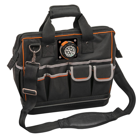 Klein Tools Tradesman Pro 8 in. W X 14 in. H Ballistic Polyester Lighted Tool Bag 31 pocket Black/Or