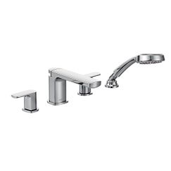 Chrome two-handle low arc roman tub faucet includes hand shower