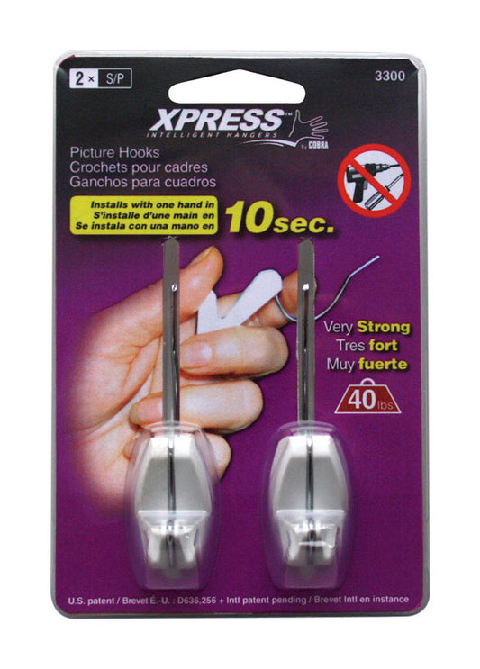 Cobra Xpress Plastic Coated White Steel Push Pin Picture Hook 2 pk 40 lb. (Pack of 5)
