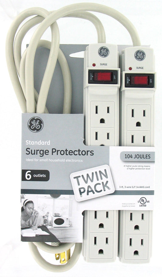 Ge Jasco 14709 3' White 6-Outlet 104 Joules Surge Protectors 2 Count