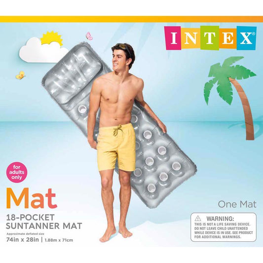 Intex Silver Vinyl Adult Inflatable 18-Pocket Suntanner Pool Floating Lounger 74 L x 28 W in.