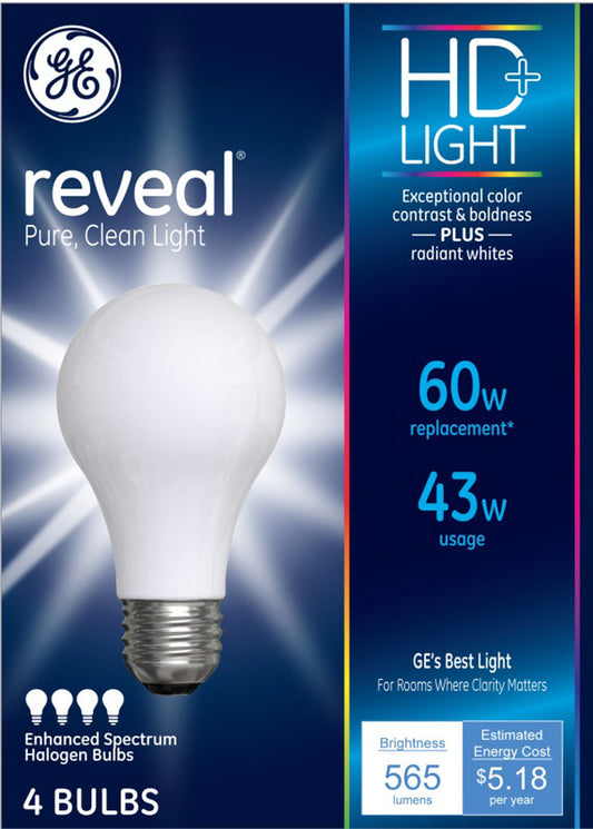 GE Lighting 67770 43 Watt Soft White Reveal Halogen Light Bulb Pack 4 Count