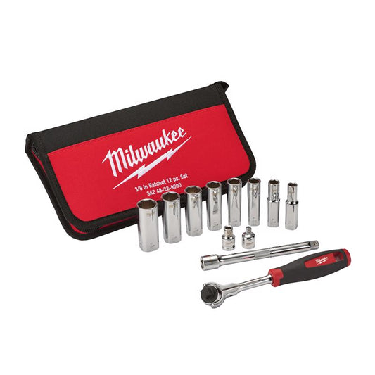 Milwaukee  3/8 in. drive Stainless Steel  SAE  Pivoting  Ratchet Set  12 pc.