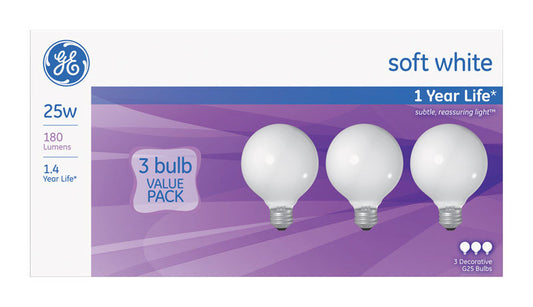 GE 25 W G25 Globe Incandescent Bulb E26 (Medium) Soft White 3 pk