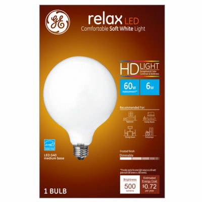 LED Relax Globe Light Bulb, G40, Soft White, 500 Lumens, 6-Watts