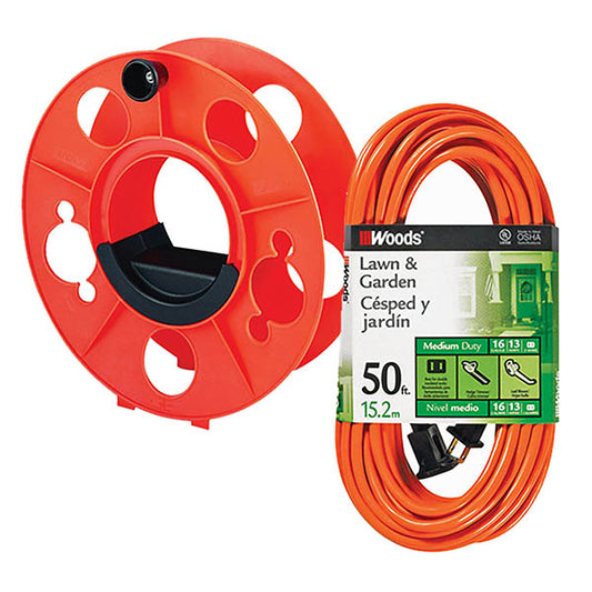 Bayco KW-130 Cord Storage Reel with Center Spin Handle, 150-Feet Bundle with Woods Outdoor 50 ft. L Orange 16/2 Extension Cord