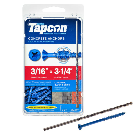 Tapcon 3/16 in. Dia. x 3-1/4 in. L Steel Flat Head Concrete Screw Anchor 75 pk