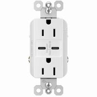 Duplex Outlet + USB Charger, Type C, White, 6.0A, 15-Amp