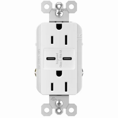 Duplex Outlet + USB Charger, Type C, White, 6.0A, 15-Amp