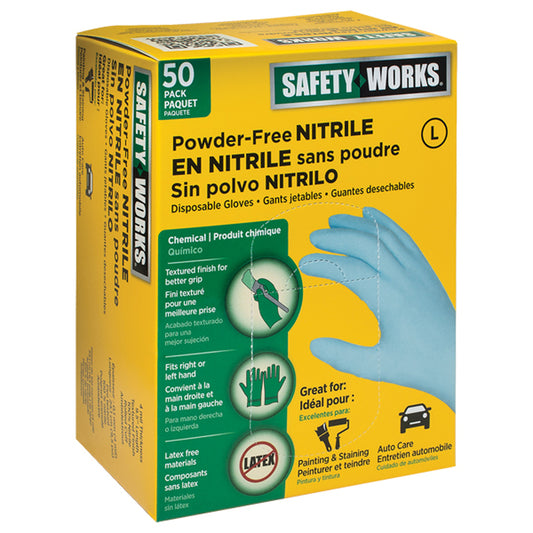 Safety Works Nitrile Disposable Gloves Large Blue Powder Free 50 pk