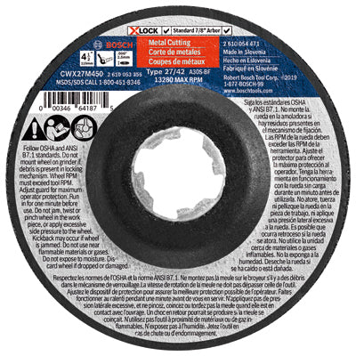 Abrasive Wheel, Metal Cutting and Grinding, X-Lock Arbor, Type 27A, 30 Grit, 4.5-In.