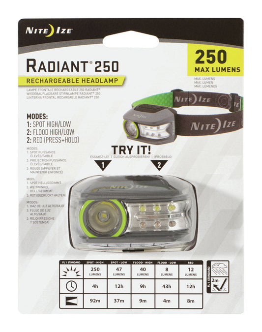 Nite Ize Radiant 250 lm Gray/Green LED Head Lamp LifePO4 Battery
