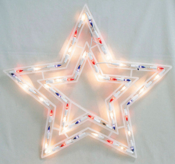 Decoración navideña con estrellas brillantes iluminadas en rojo siena, blanco y azul