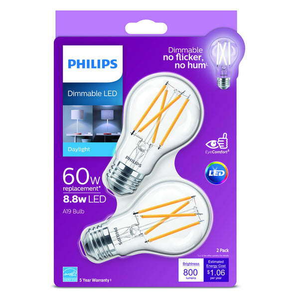 Bombilla LED Philips A19 E26 (mediana), luz diurna, equivalente a 60 vatios, paquete de 2