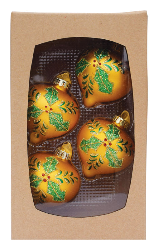 Celebrations  Holly  Christmas Ornaments  Gold  Glass  4 pk (Pack of 4)
