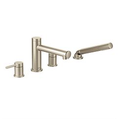 Brushed nickel two-handle diverter roman tub faucet includes hand shower
