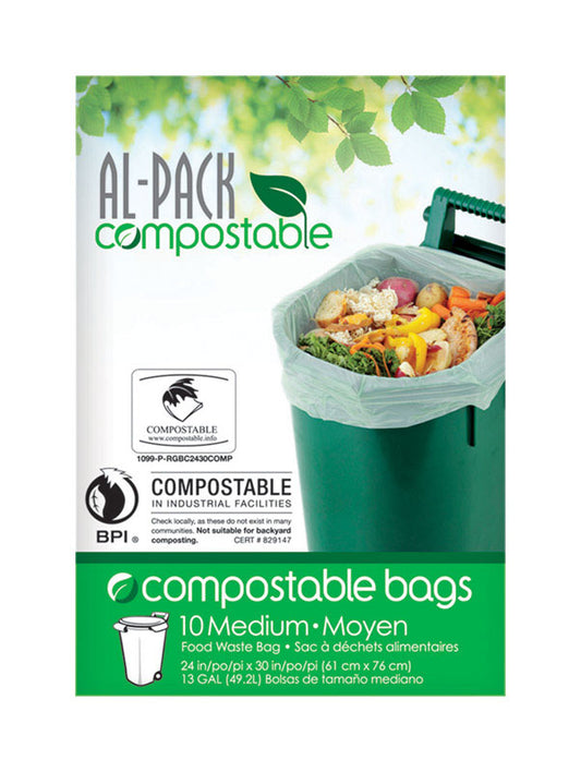 Al-Pack Compostable Clear Plastic Flat Top Closure 1.8 mil. Thick Compost Bag 13 gal. Capacity