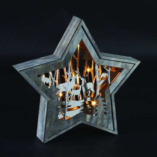Roman Wooden Star with Deer Scene LED Christmas Decoration Gray Wood 1 pk