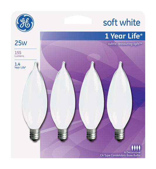 GE 25 watts CA10 Decorative Incandescent Bulb E12 (Candelabra) Soft White 4 pk (Pack of 4)