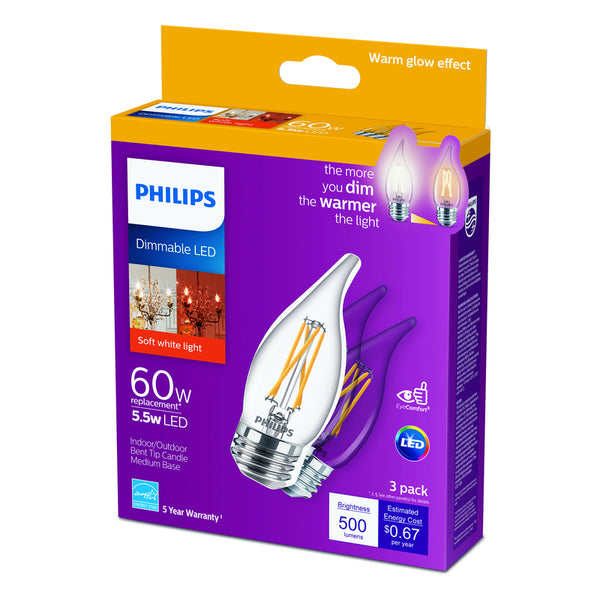 Bombilla LED Philips B11 E26 (mediana), luz blanca suave, equivalente a 60 vatios, paquete de 3