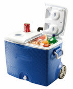 Rubbermaid Modern Blue Plastic Attached Lid Style 3-Handle Wheeled Cooler 45 qt.