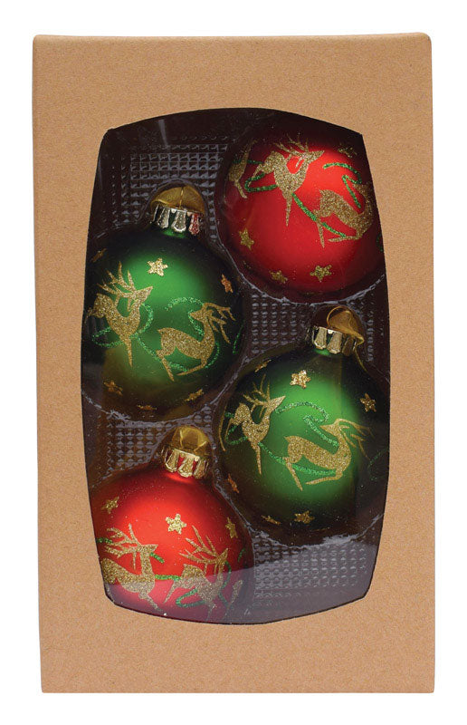 Celebrations  Reindeer  Christmas Ornaments  Red/Green/Gold  Glass  4 pk (Pack of 4)