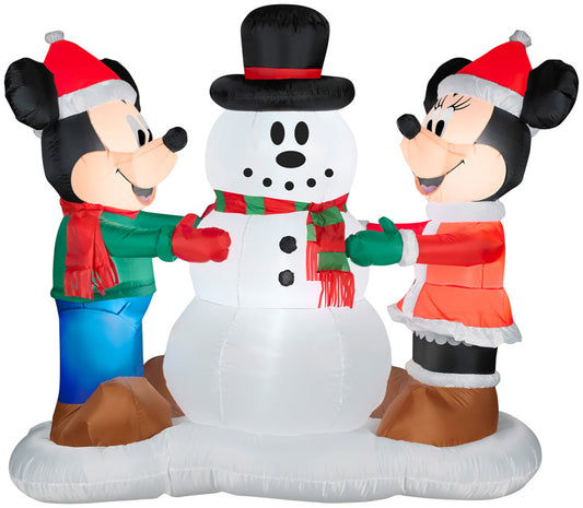 Gemmy White 61.81 in. Mickey and Minnie with Snowman Inflatable