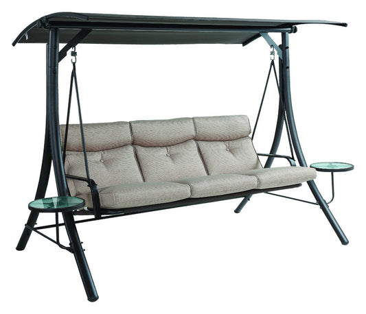 Living Accents 3 Person Black Steel Swing with Tables Beige