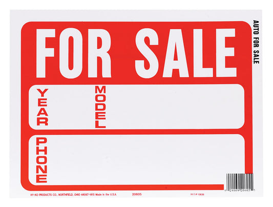 Hy-Ko English For Sale (Auto) Sign Plastic 9 in. H x 12 in. W (Pack of 10)
