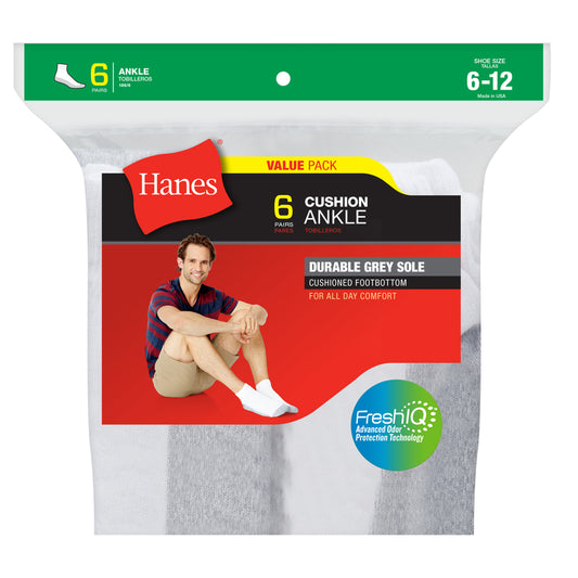 Hanes  Fresh IQ  Men's  Shoe Size 6-12  Ankle Socks  White