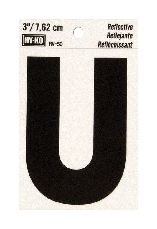 Hy-Ko 3 in. Reflective Black Vinyl Letter U Self-Adhesive 1 pc. (Pack of 10)