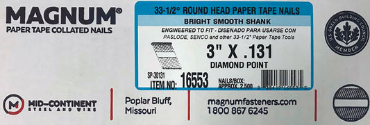 Magnum 33-1/2 Deg. Smooth Shank Metal Round Head Diamond Point Angled Strip Nails 0.131 Dia. x 3 in.