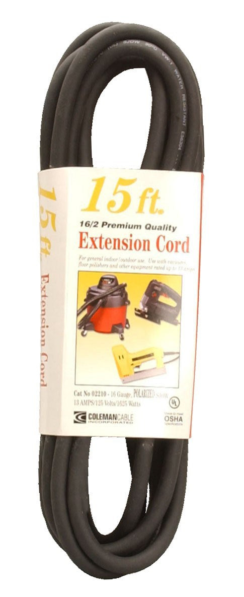 Coleman Cable 22108808 15' 16/2 Black Vinyl Outdoor Extension Cord
