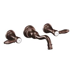 Oil rubbed bronze two-handle high arc wall mount bathroom faucet