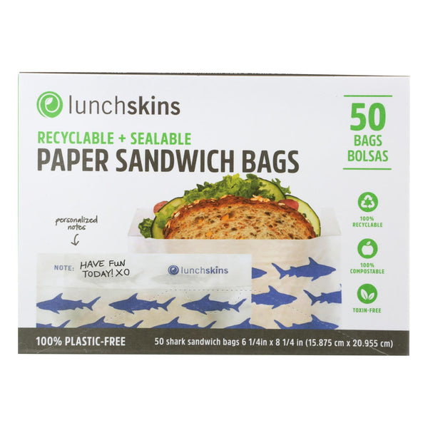 Lunchskins - Bolsas de papel para sándwich reciclables y sellables - Shark - Caja de 12 - 50 unidades (paquete de 12)
