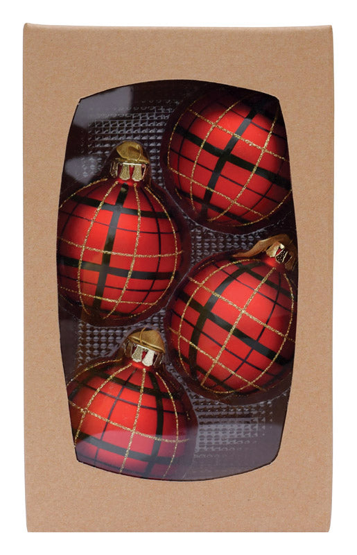 Celebrations  Plaid  Christmas Ornaments  Red/Green/Gold  Glass  4 pk (Pack of 4)